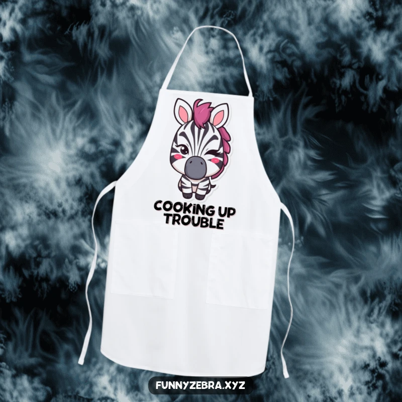 Funny apron with a stylized zebra shape giving a confident, mischievous wink, perfect for playful kitchen antics.