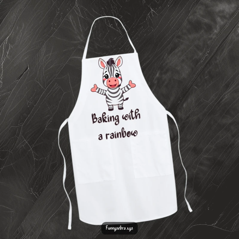 Funny apron with a cheerful zebra character joyfully greeting a vibrant rainbow, arms open wide for a hug.