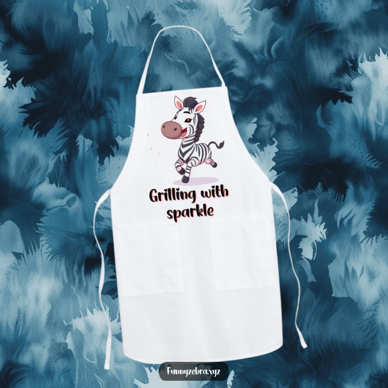 Stylish apron featuring a funny galloping zebra with a wide grin and trailing sparkles, ideal for kitchen fun.
