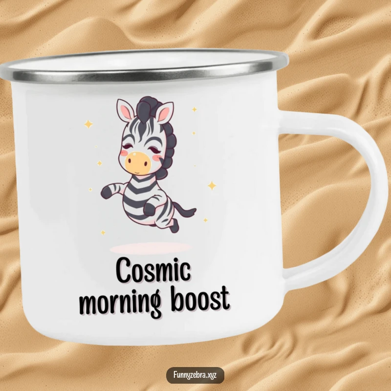 Funny Kawaii Zebra Camping Mug: Sturdy mug featuring a cute zebra joyfully hopping with star sprinkles, perfect for outdoor adventures with a funny, magical touch.
