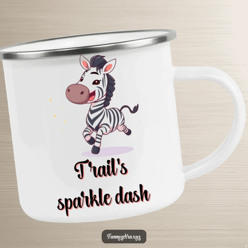 Enamel camping mug featuring a funny galloping zebra with a wide grin and sparkling accents, perfect for outdoor drinks.
