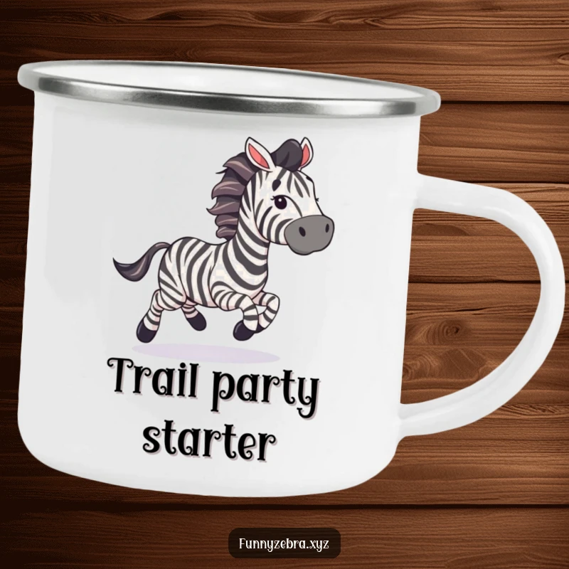 Funny Camping Mug: A zebra gallops with streamers, ideal for humorous outdoor celebrations and festive camping.