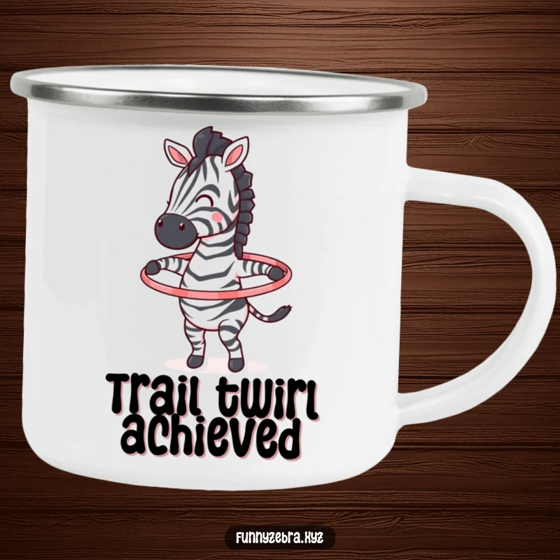 Funny camping mug featuring an energetic zebra character joyfully spinning a vibrant hula hoop, perfect for outdoor fun.