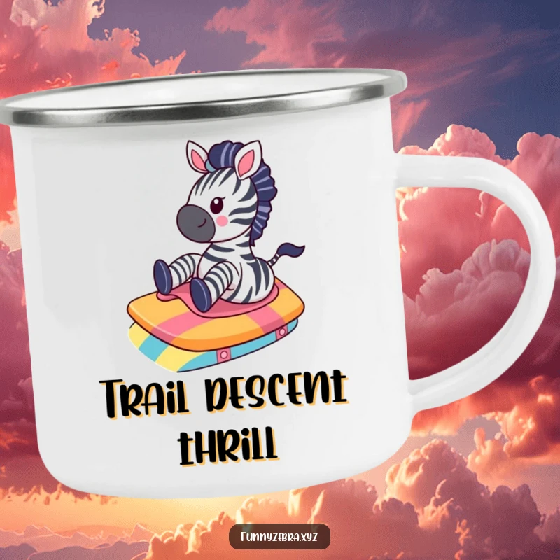 Funny Kawaii Zebra Camping Mug: A cute zebra gleefully slides down a colorful ramp, perfect for outdoor fun and humorous sipping.