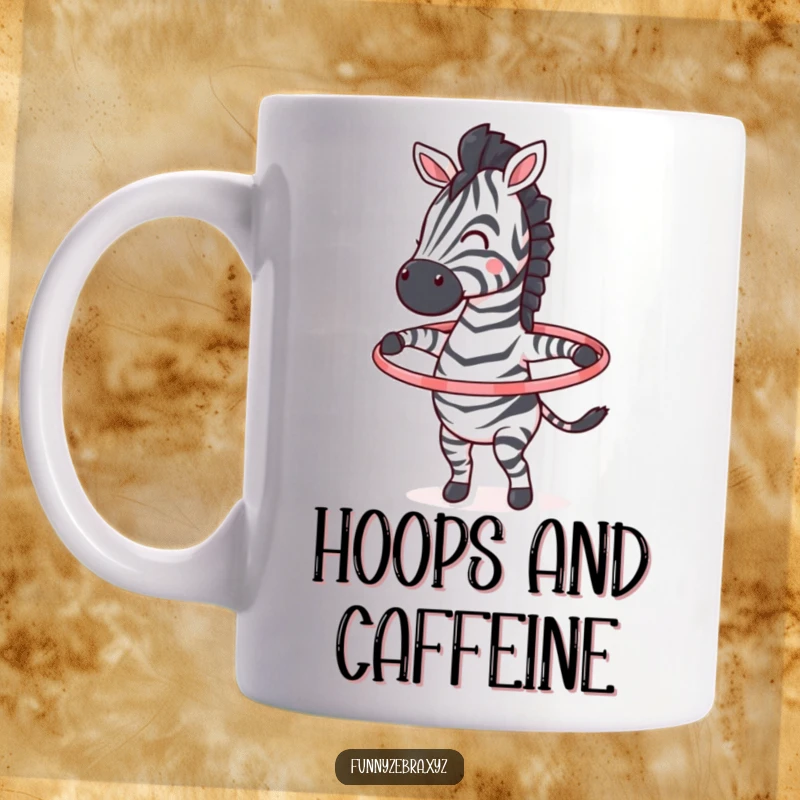 Funny mug showing a spirited zebra character joyfully spinning a colorful hula hoop around its middle.