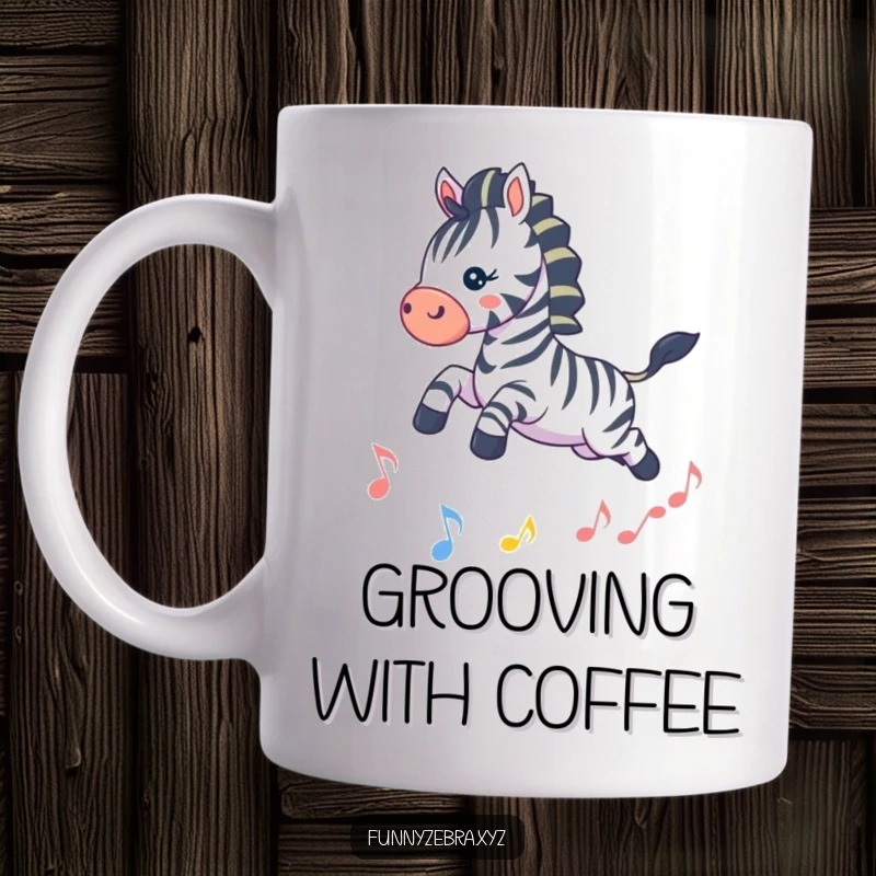 Funny Kawaii Zebra Mug: Playful zebra leaping joyfully over a sparkling musical note, capturing the fun and rhythm of music.