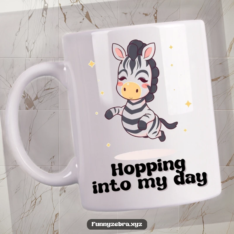 Funny Kawaii Zebra Mug: Cute zebra joyfully hopping, surrounded by sparkling star sprinkles, symbolizing pure, funny delight and magic.