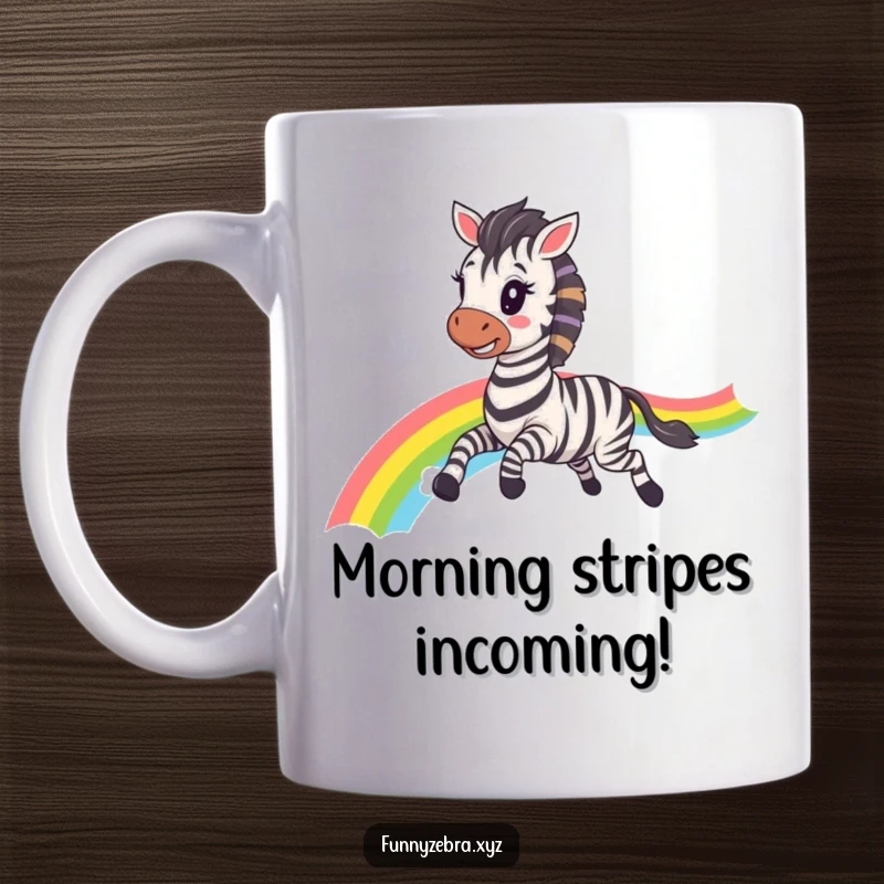 Funny Kawaii Zebra Mug: Cute zebra happily galloping, leaving a bright rainbow trail behind, symbolizing pure, funny joy and freedom.