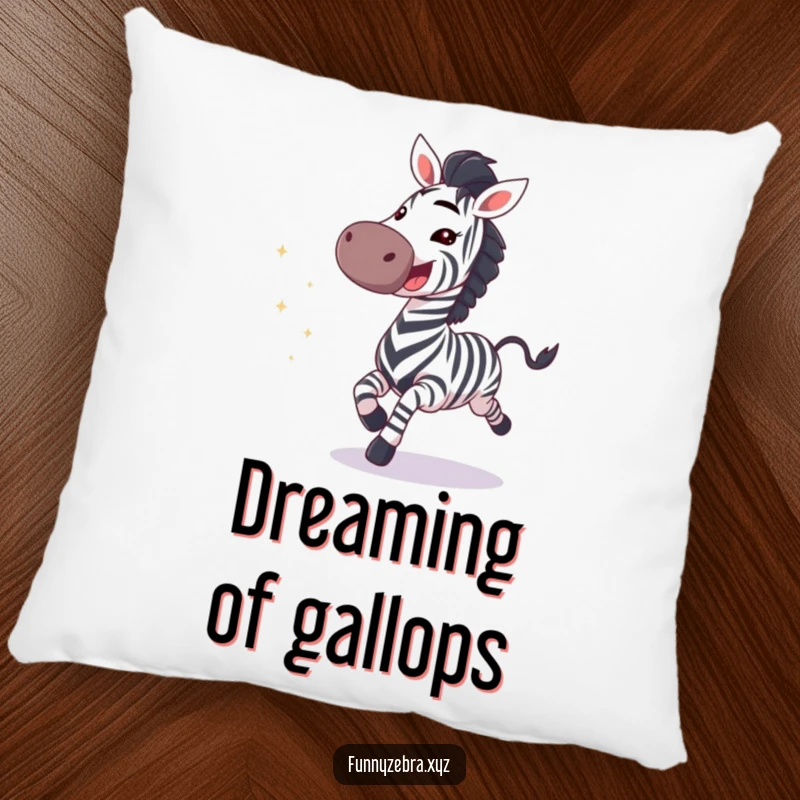 Plush pillow featuring a funny galloping zebra with a wide, excited grin and a scattering of sparkles.
