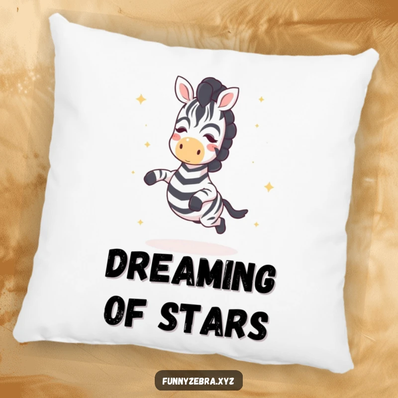 Funny Kawaii Zebra Pillow: Soft cushion featuring a cute zebra joyfully hopping with star sprinkles, ideal for a funny and magical atmosphere.