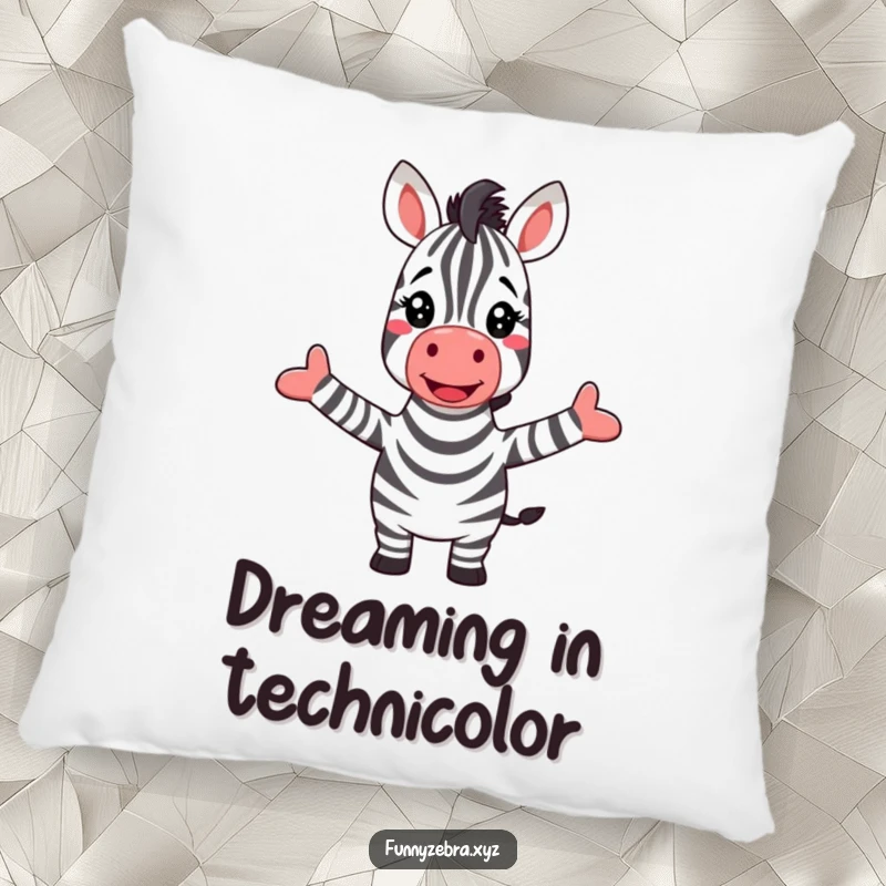 Funny pillow showcases a joyful zebra character greeting a bright, arcing rainbow with arms spread wide.