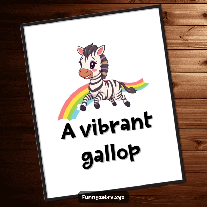 Funny Kawaii Zebra Digital Art Print: High-resolution image of a happy zebra galloping with a rainbow trail, perfect for instant funny decor.
