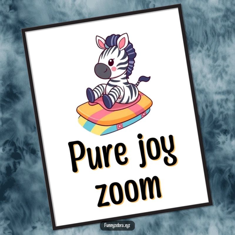 Funny Kawaii Zebra Digital Art: A cute zebra gleefully slides down a smooth, colorful ramp, bringing vibrant humor and joy to printable decor.