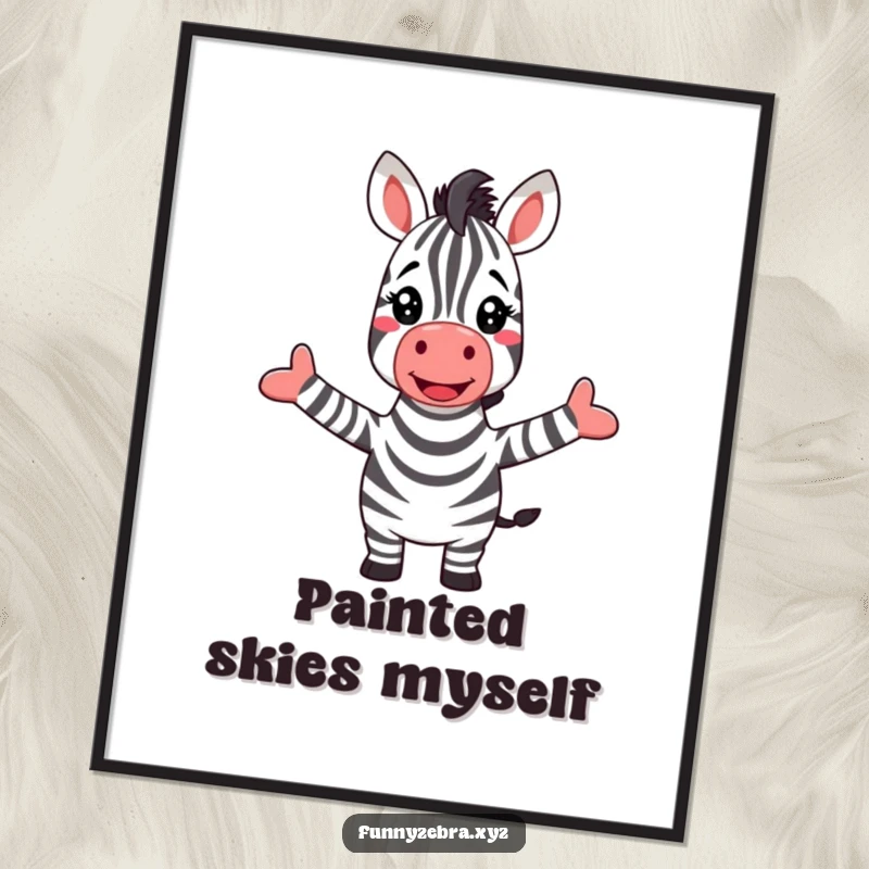 Funny digital art print of a jubilant zebra with arms wide open, joyfully greeting a vivid, magnificent rainbow.