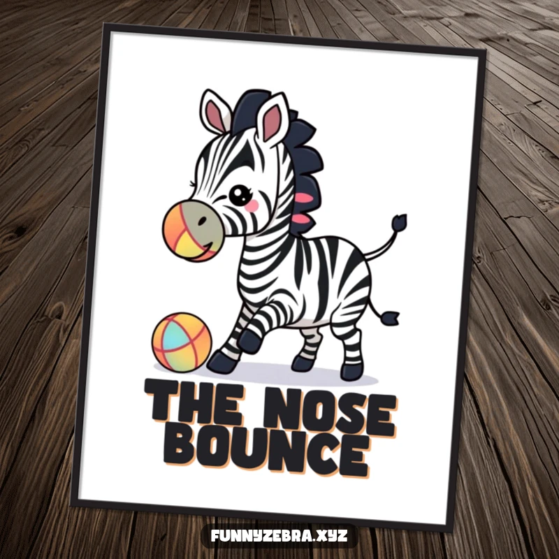 High-resolution digital art print of a funny zebra silhouette playfully bouncing a colorful ball with its nose.