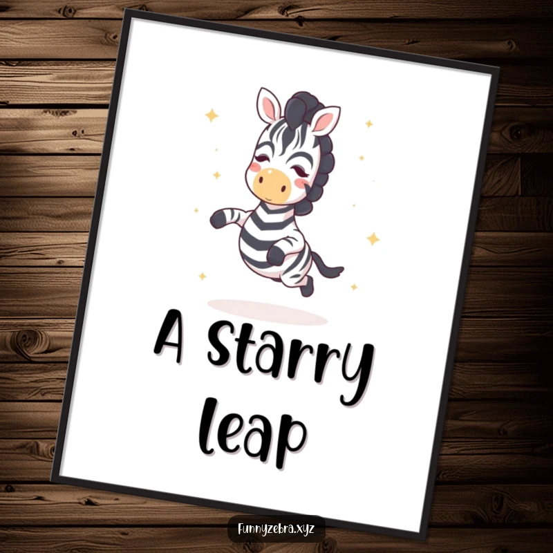 Funny Kawaii Zebra Digital Art Print: High-resolution image of a cute zebra joyfully hopping with star sprinkles, perfect for instant funny decor.