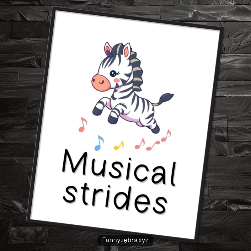 Funny Kawaii Zebra Digital Art Print: High-resolution image of a playful zebra leaping over a sparkling musical note, perfect for instant funny decor.