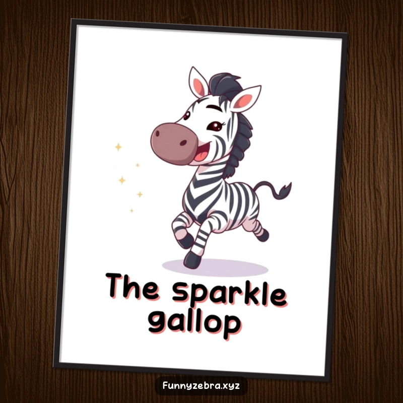 High-resolution digital art print of a funny galloping zebra with an excited grin and sparkling trail, ready to decorate.