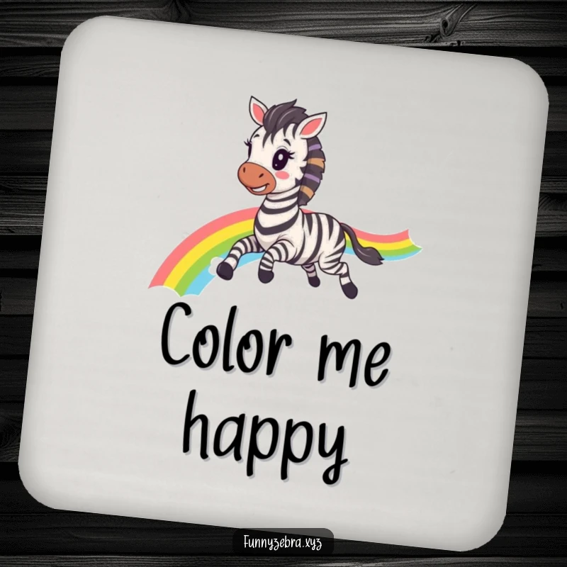Funny Kawaii Zebra Coaster: Protects surfaces with a cute design of a happy zebra galloping with a rainbow trail, adding funny charm.