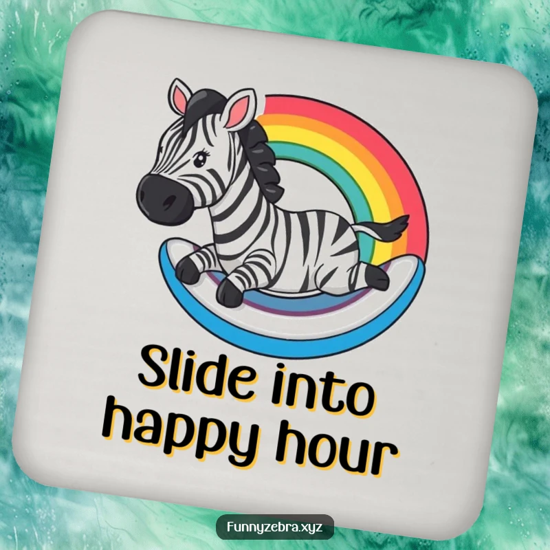 Funny Coaster: A zebra slides down a rainbow, offering humorous and colorful protection for surfaces.