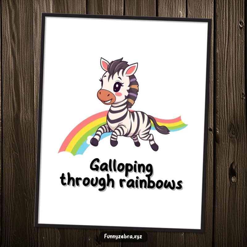 Funny Kawaii Zebra Poster: High-quality print of a happy zebra galloping with a vivid rainbow trail, adding funny, colorful charm to any room.