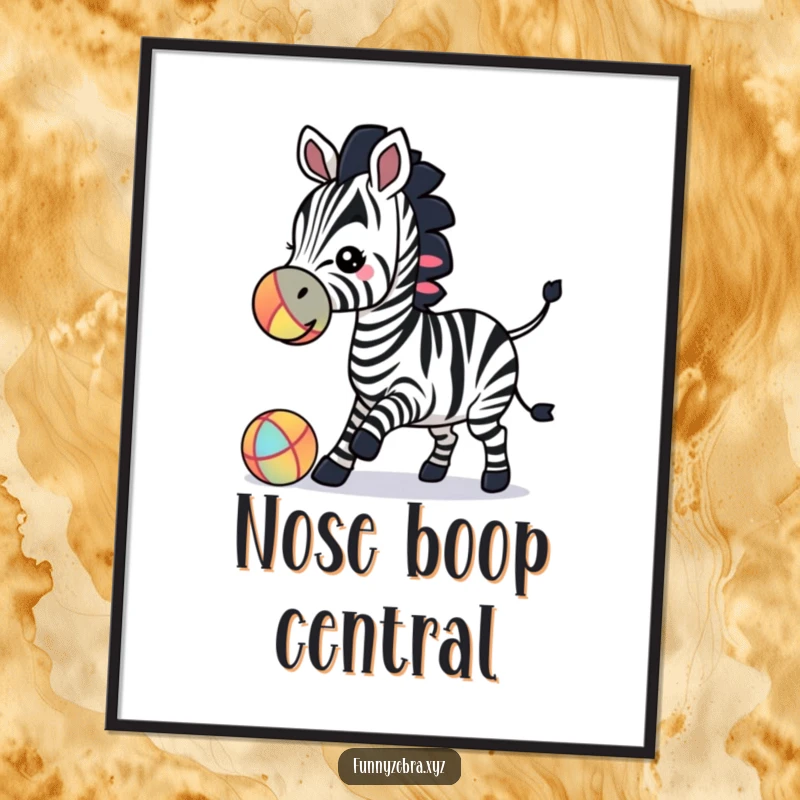 Vibrant poster showcasing a funny zebra silhouette playfully nudging a colorful ball with its nose.