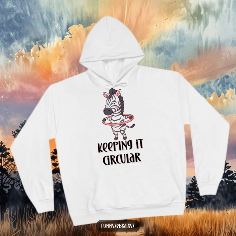 Funny hoodie displaying a joyful zebra character energetically hula hooping, celebrating movement and fun.