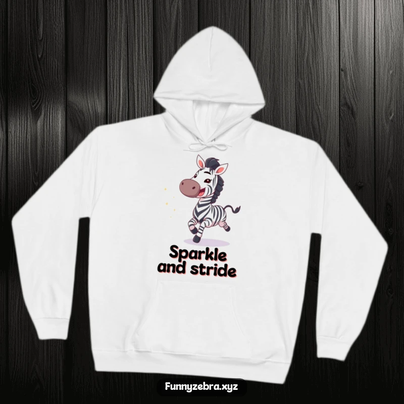 Soft hoodie featuring a funny galloping zebra with an excited grin and a shower of sparkles, perfect for cozy fun.