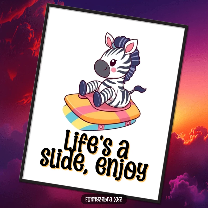 Funny Free Printable Wall Art: Kawaii zebra gleefully sliding down a bright, colorful ramp, spreading cheerful vibes.