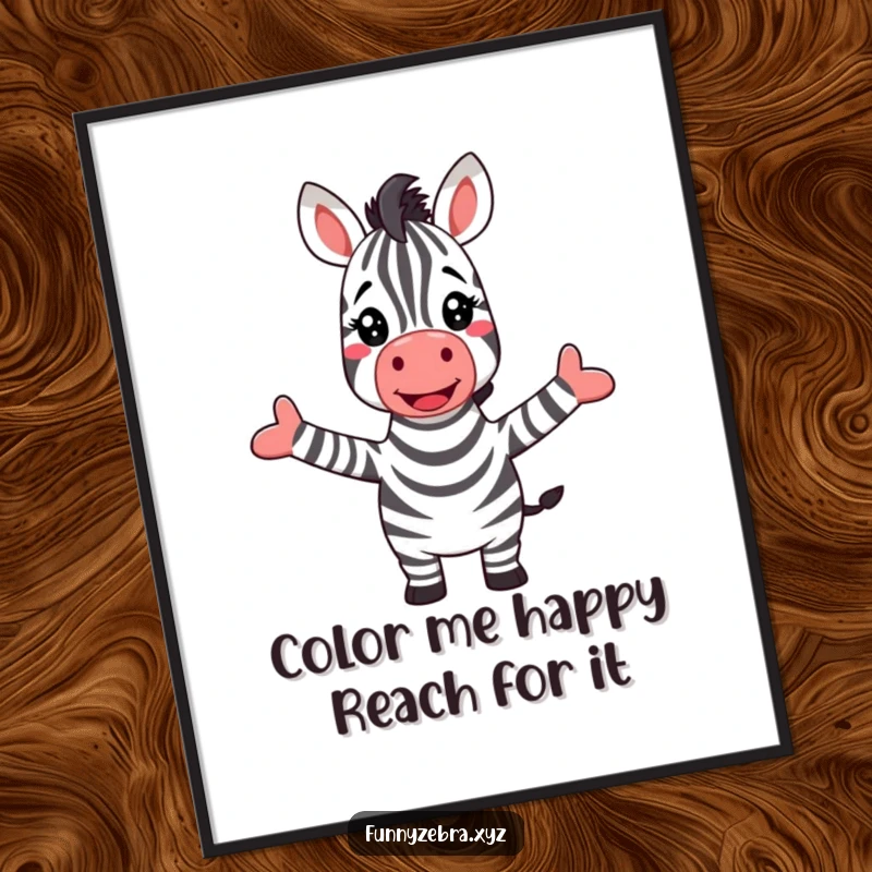 Funny Free Printable Wall Art: A jubilant zebra with arms wide open greeting a magnificent, arcing rainbow.