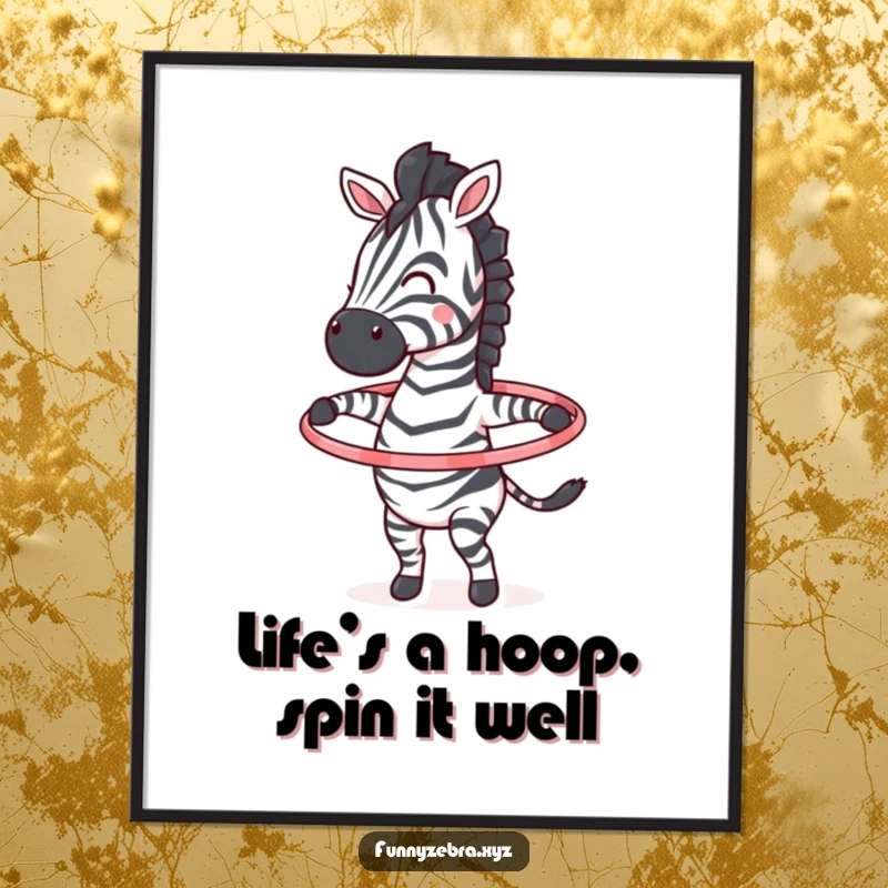 Funny Free Printable Wall Art: A dynamic zebra energetically spins a hula hoop, radiating infectious happiness and fun.