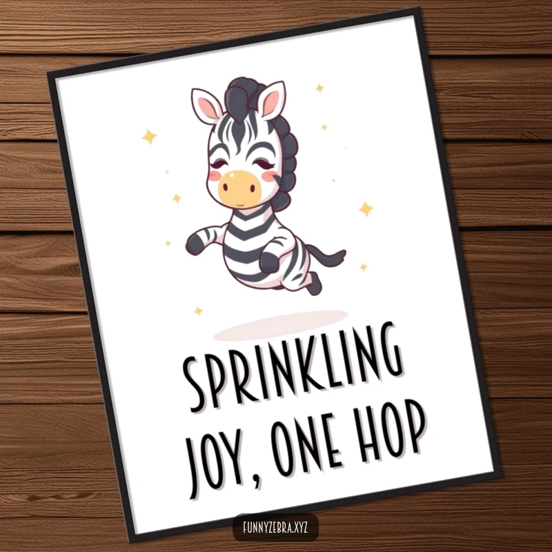 Funny Free Printable Wall Art: Adorable kawaii zebra joyfully hopping, surrounded by a cascade of shimmering star sprinkles.