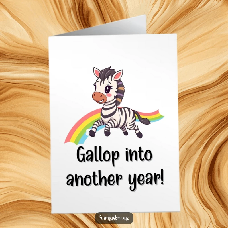 Funny Free Printable Birthday Card: Adorable kawaii zebra galloping with joy, leaving a vibrant rainbow trail behind.