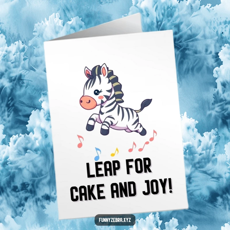Funny Free Printable Birthday Card: Playful kawaii zebra leaping energetically over a sparkling, shiny musical note.