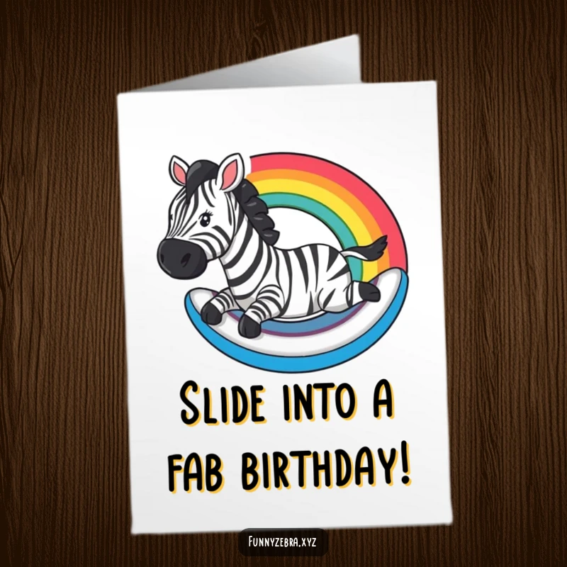 Funny Free Printable Birthday Card: A happy zebra gleefully slides down a stylized rainbow, leaving a trail of sparkles.