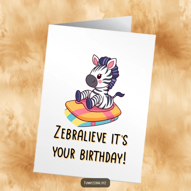 Funny Free Printable Birthday Card: Kawaii zebra joyfully slides down a vibrant rainbow ramp, spreading birthday cheer.