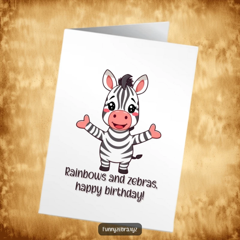 Funny Free Printable Birthday Card: A joyful zebra with outstretched arms enthusiastically greeting a colorful rainbow.
