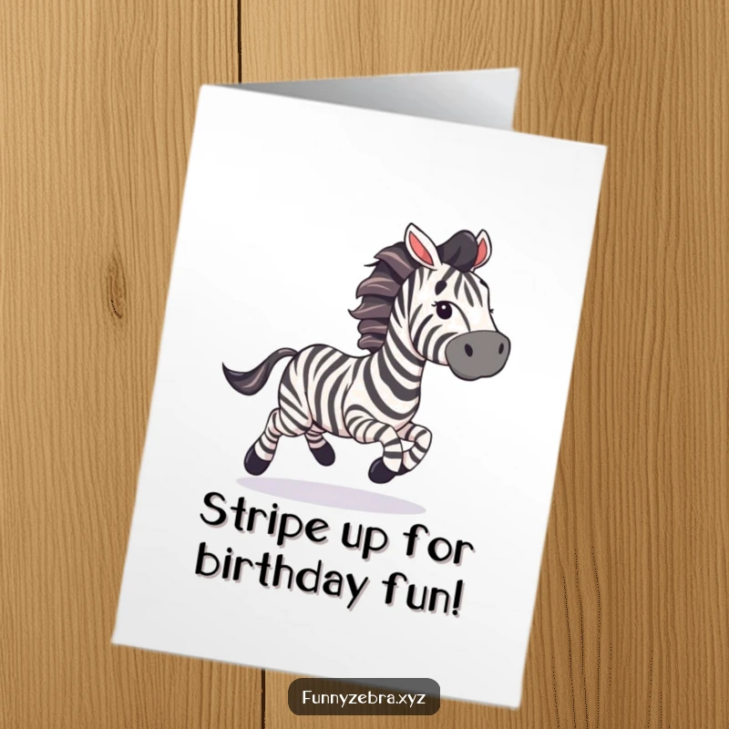 Funny Free Printable Birthday Card: A zebra with joyous abandon gallops energetically, trailing colorful streamers behind it.