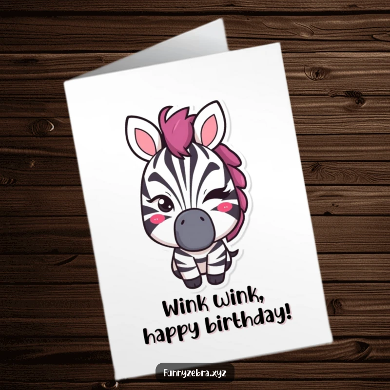 Funny Free Printable Birthday Card: A stylized zebra character winks playfully with a hint of mischief in its eye.