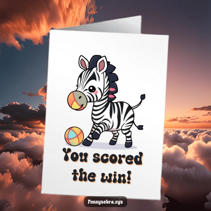 Funny Free Printable Congratulations Card: Zebra silhouette nudging a colorful ball with its nose, celebrating achievement.