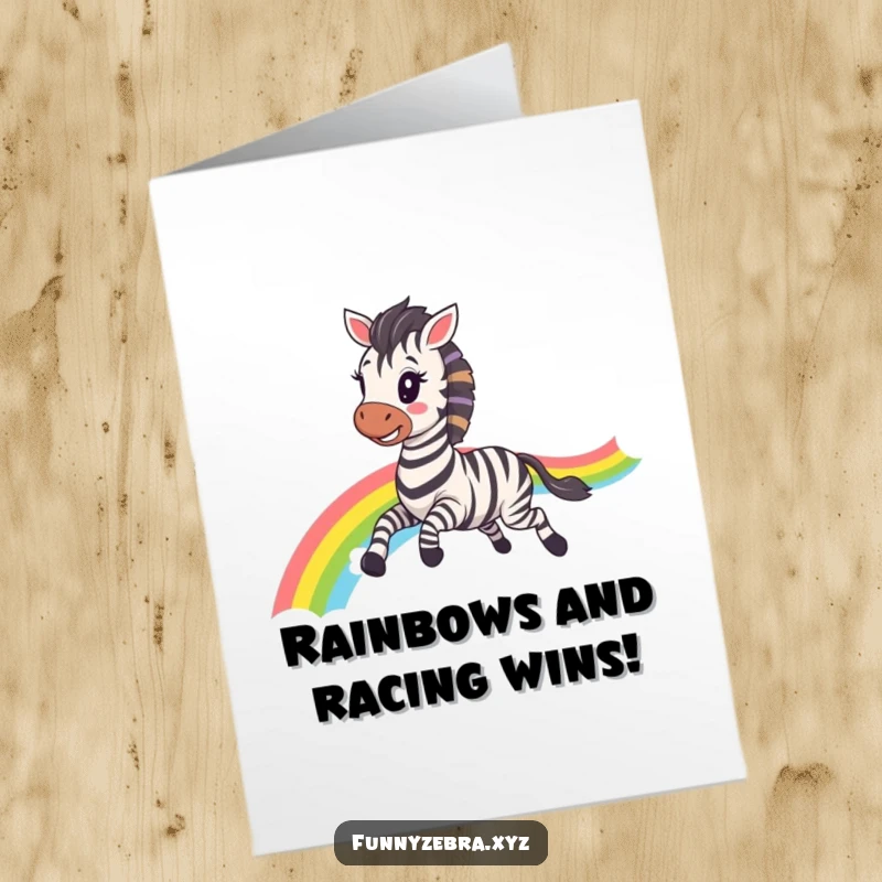 Funny Free Printable Congratulations Card: Cute kawaii zebra happily galloping, leaving a colorful rainbow trail in its wake.