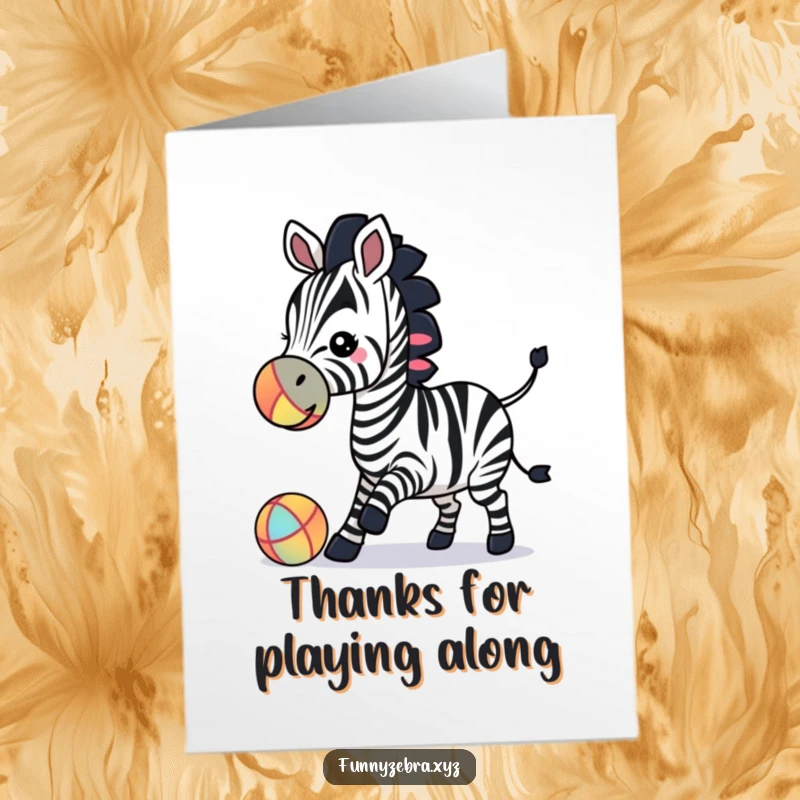Funny Free Printable Thank You Card: Zebra silhouette playfully bouncing a ball with its nose, expressing thanks.