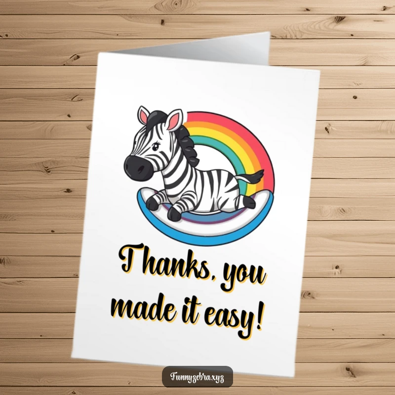 Funny Free Printable Thank You Card: A cheerful zebra slides down a colorful rainbow, expressing thanks with pure delight.
