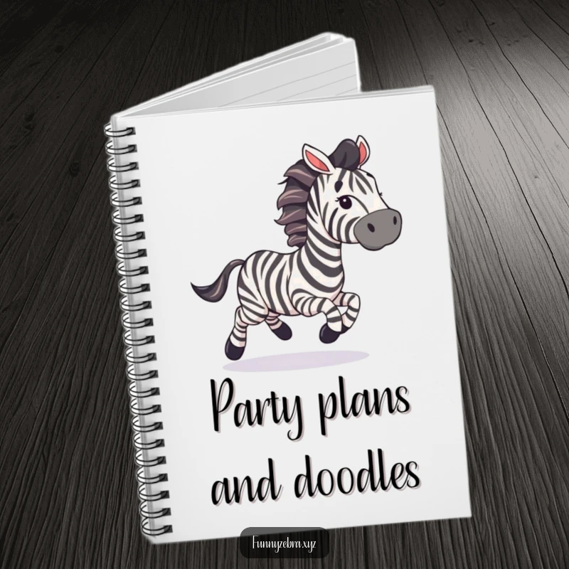 Funny Notebook: A zebra gallops with streamers, perfect for jotting down funny party plans and festive ideas.