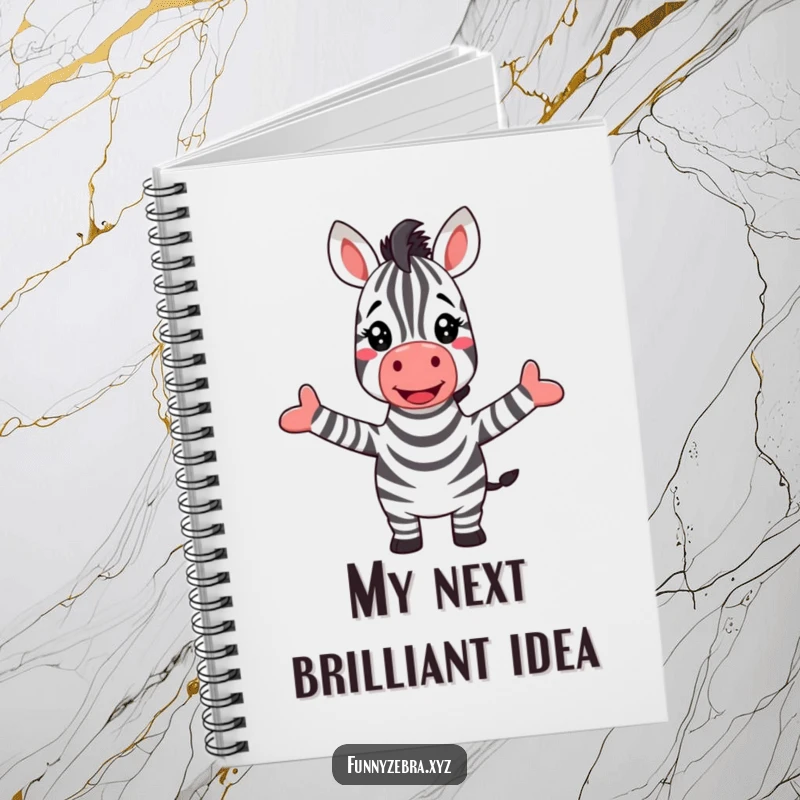 Funny notebook cover art showing a joyful zebra with outstretched arms greeting a colorful, uplifting rainbow.