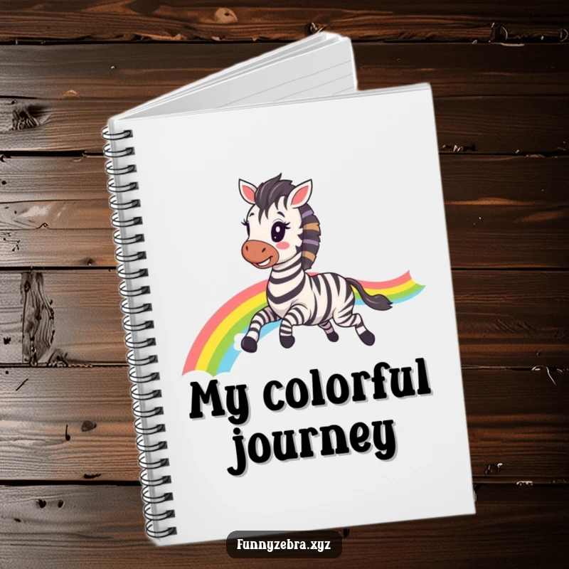 Funny Kawaii Zebra Notebook: Lined pages featuring a happy zebra galloping with a rainbow trail, ideal for notes, sketches, and funny thoughts.