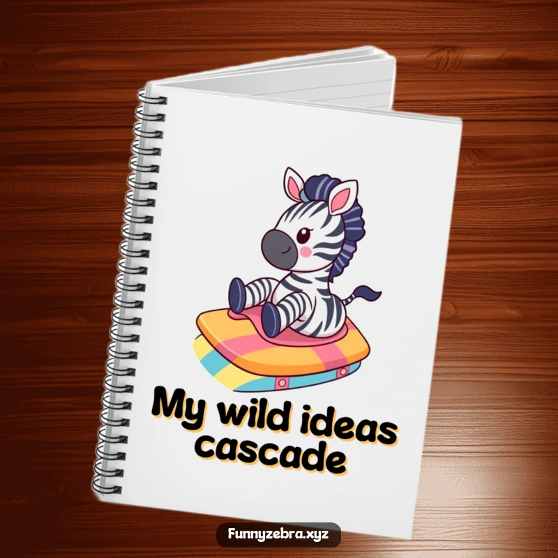 Funny Kawaii Zebra Notebook: A cute zebra gleefully slides down a colorful ramp, ideal for jotting down funny thoughts and creative ideas.