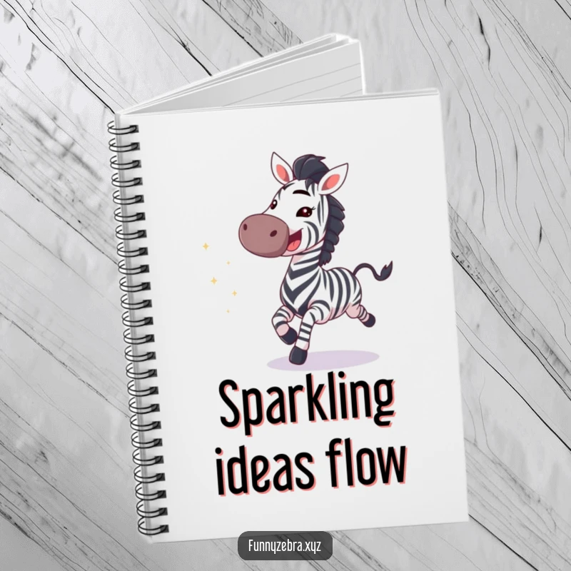 Lined notebook featuring a funny galloping zebra with an excited grin and sparkles on the cover, for all your notes.