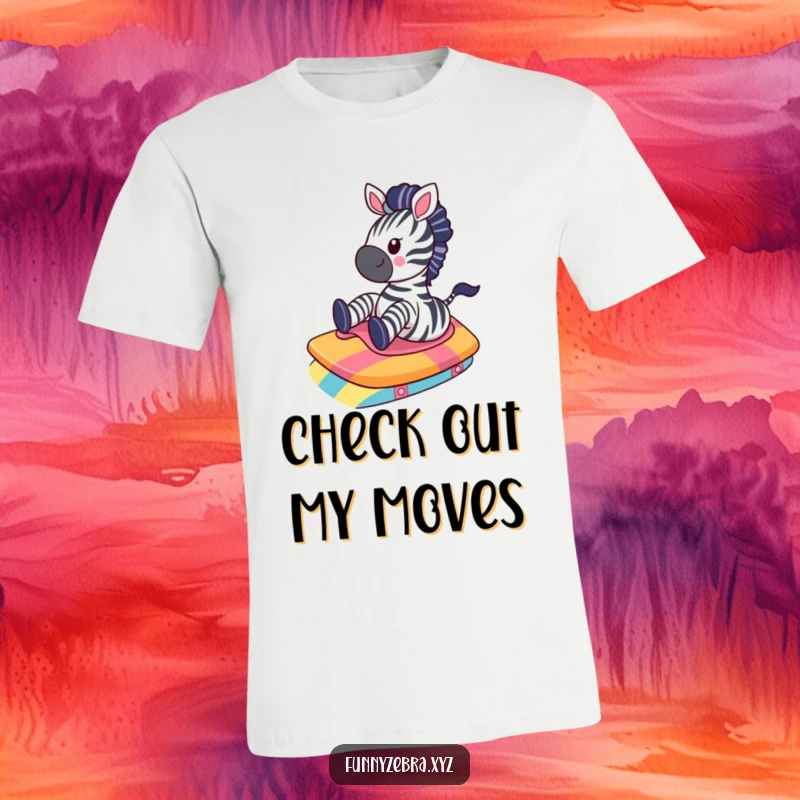 Funny Kawaii Zebra T-Shirt: A cute zebra gleefully slides down a smooth, colorful ramp, radiating pure joy and comedic energy.