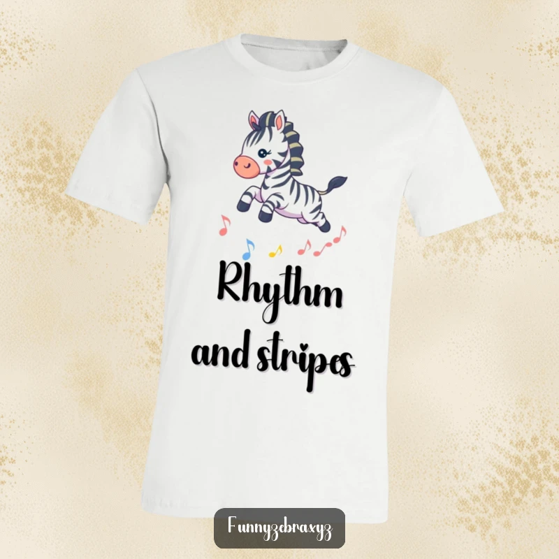 Funny Kawaii Zebra T-Shirt: A playful zebra leaping over a sparkling musical note, embodying the joy and energy of music.